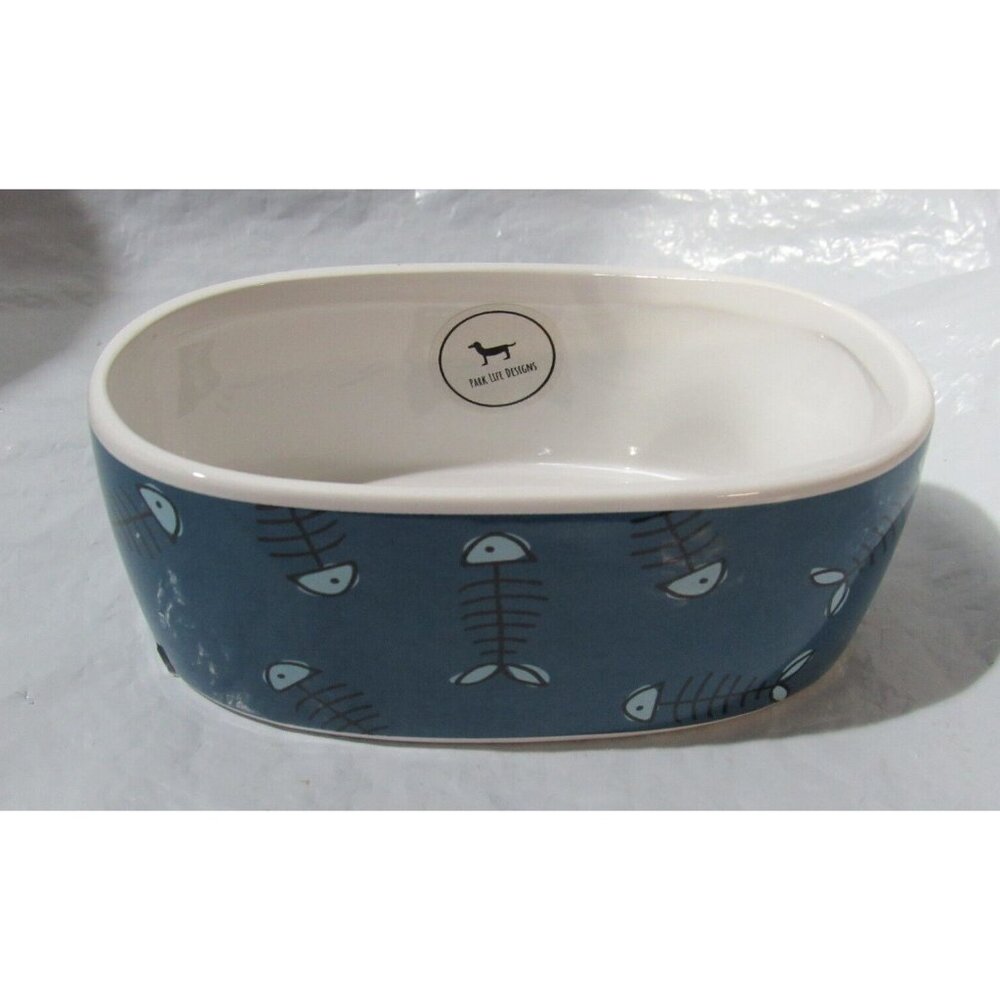 Food or Water Oval Blue with Fishbones Dish 5.5"X3"X2" by Park Life Designs